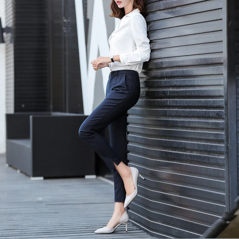 Navy Blue Suit Pants for Women 2023 Spring and Autumn Temperament Split Professional Cropped Ankle-Tied Trousers Casual Work Pan