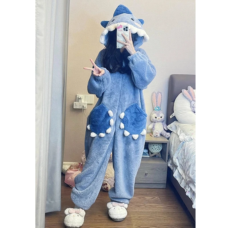 Cartoon Cute Shark Women\'s Pajamas Flannel Hooded Sleepwear Pijama jumpsuit Female Set Cute Pyjamas Christmas Party Loungewear