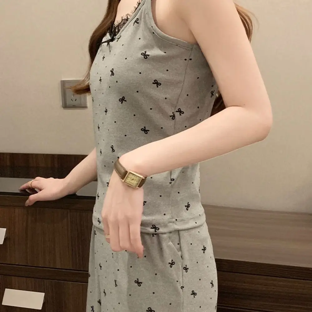 Dot Lace Bowknot Pajama Suit Square Neck Sleeveless Two Pieces Nightwear Women Homewear Slim Fit Shorts Camisole Nightdress