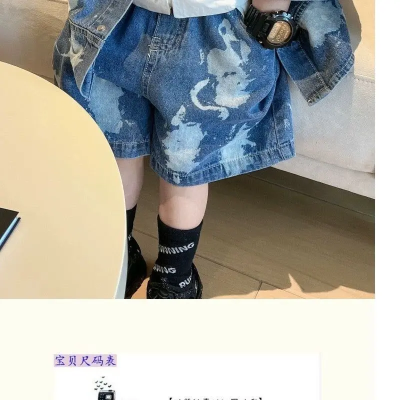 Boys'  Two-piece Set Korean StylePainted Denim Jacket Shorts Streetwear 2025 Summer New Short Sleeve Fashionable Coat Pants Suit