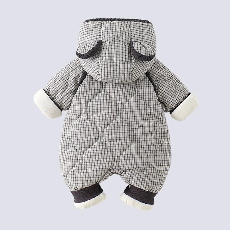 IYEAL Baby Boys And Girls Winter Fashion Plaid Thick Jumpsuit Newest Winter Warm Fleece Newborn Hooded Jumpsuit