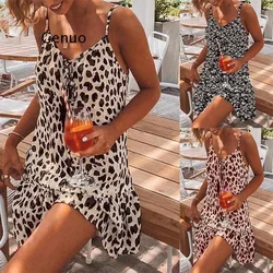 Sexy Spaghetti Strap Leopard Print Beach Mini Woman Dress 2021 Summer Loose Casual Boho Dresses For Women  Femme Robe