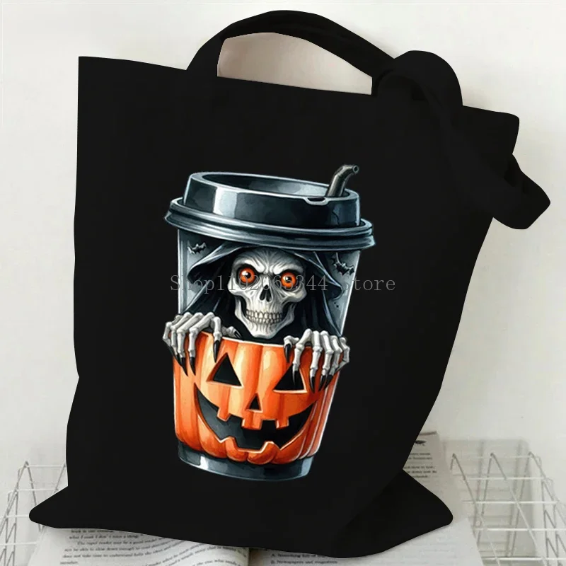 Halloween Tote Bag Pumpkin Skull Bat Bobo Tea Print Women Men Shoulder Bag Gothic Style Festival Teen Gift Women Fashion Handbag