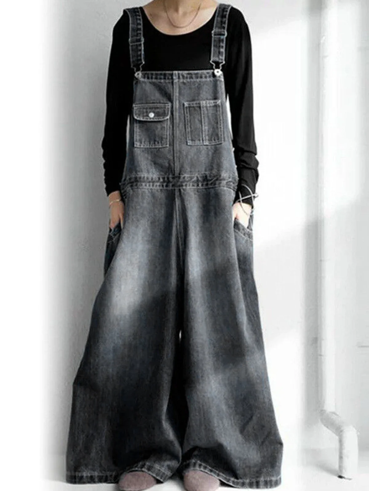 Frauen Denim Overall Beiläufige Breite Bein Lose Harajuku Vintage Jeans Insgesamt Ropmers Taschen Verstellbaren Riemen Overalls Outfits