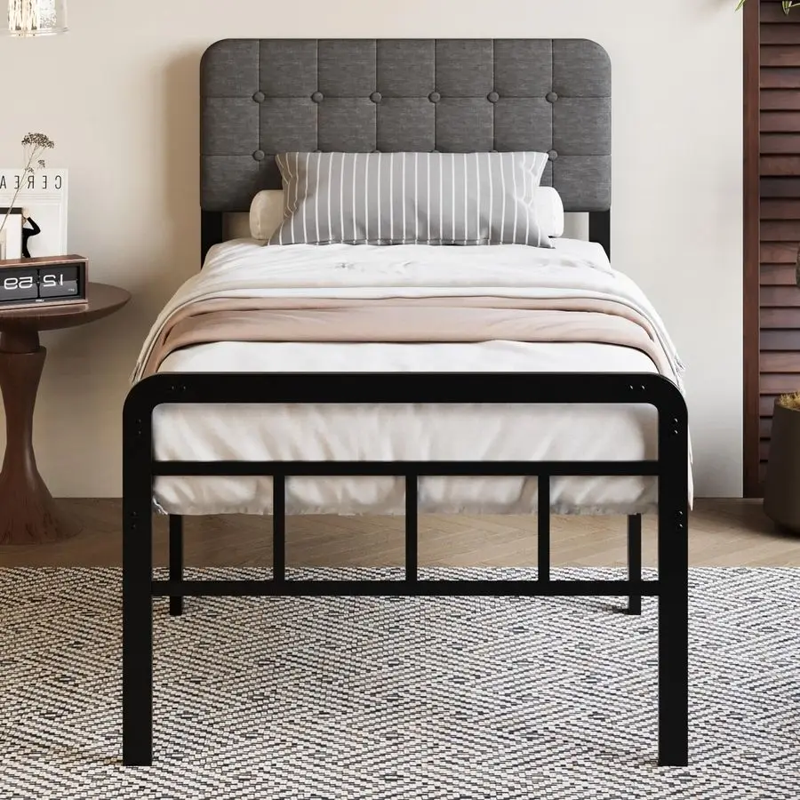 

18 Inch Twin Bed Frame with Upholstered Headboard and Footboard, Heavy Duty Metal Slats, with Under Bed Storage, No Noise, No B