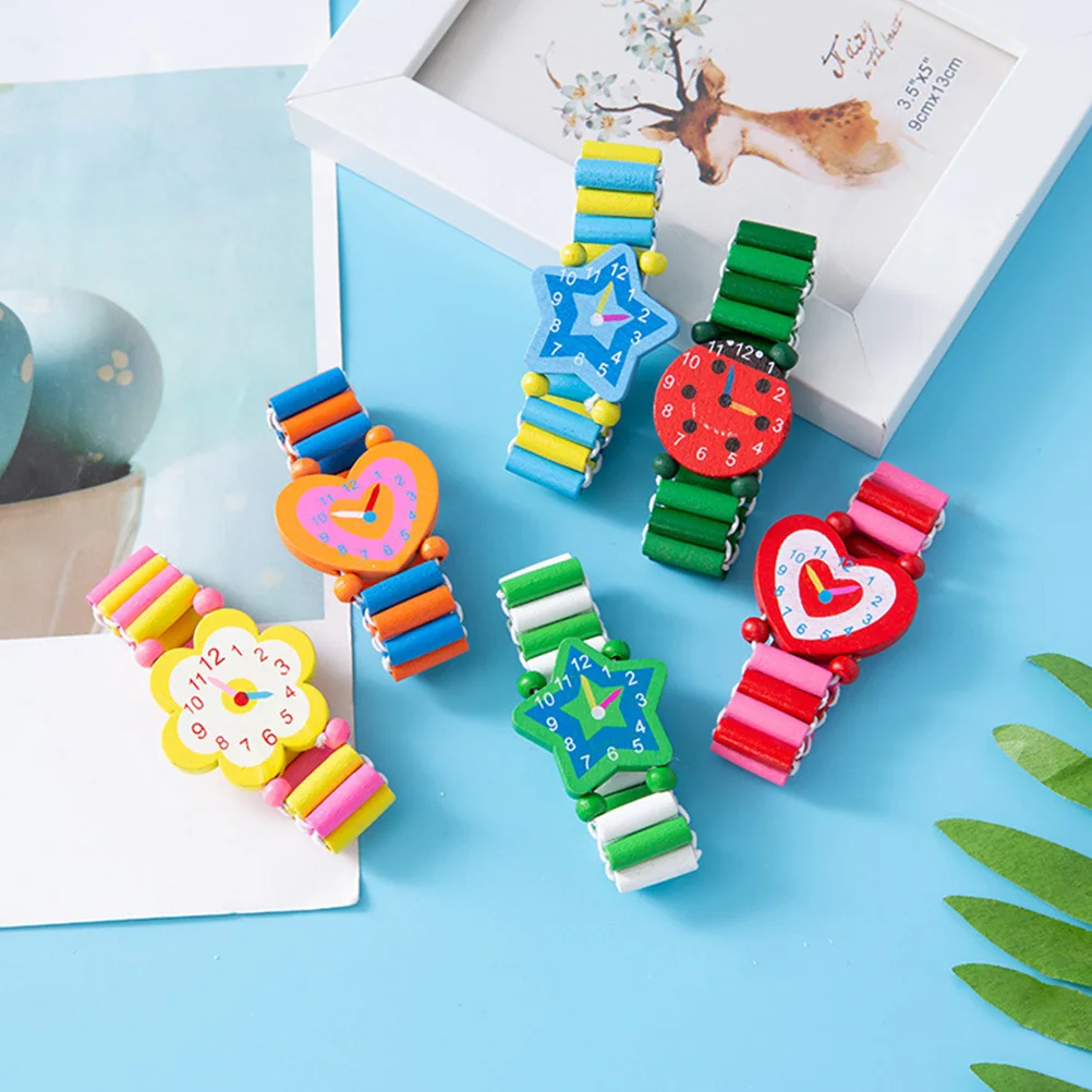 6pcs Watch Wooden Educational Plaything Cartoon Watches Bright Colors Learning Gift For Birthday Holiday