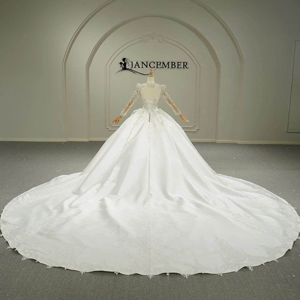 Customized V-Neck Sequin Satin White Wedding Dress 2026 Ball Gown Floor Length Long Sleeves Bridal Gown vestidos de novia boda
