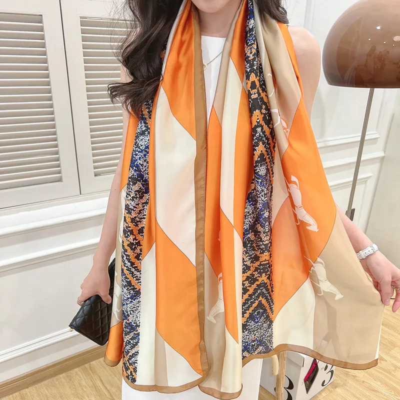 Horse Printed Satin Scarf Vintage Color Block Shawl Imitation Silk Windproof Head Wrap Classic Travel Beach Towel