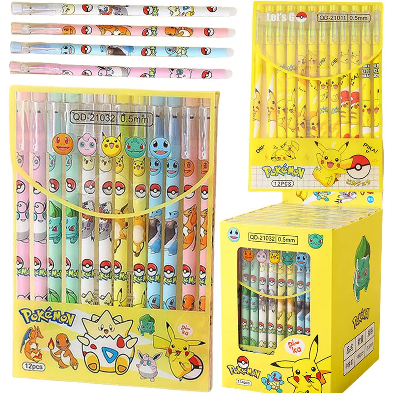 12PCS Pokemon Pikachu Erasable Pen Neutral Gel Pens Cartoon Black Water Ink 0.5mm Cute Signature Pen Stationery Student Gift