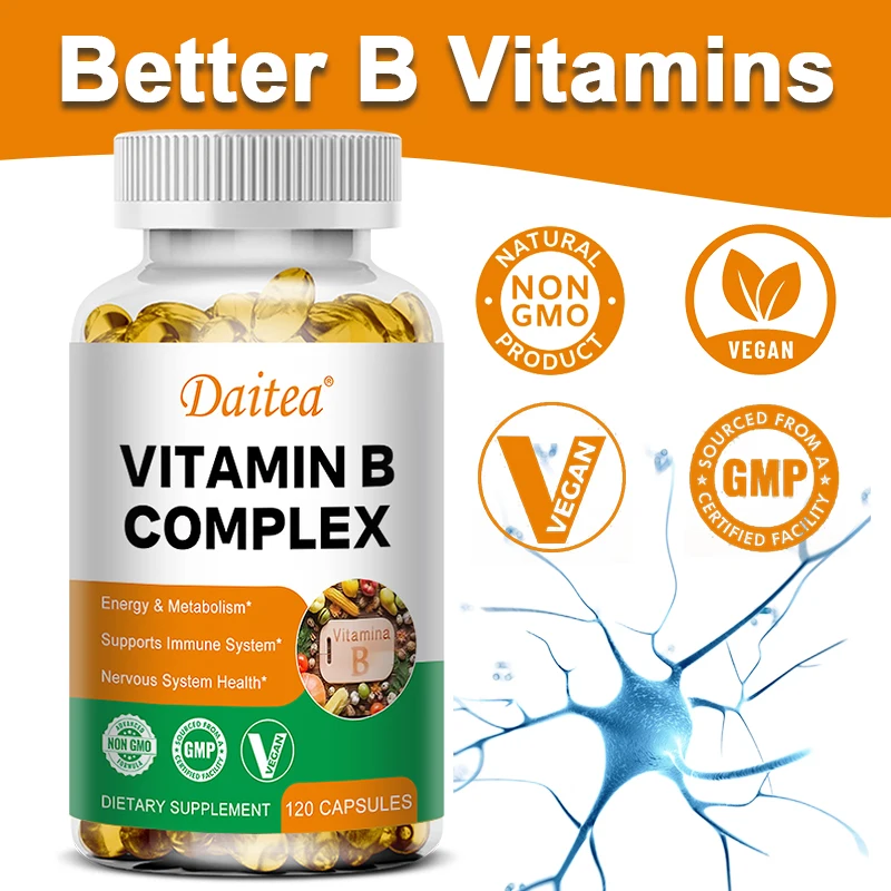 Daitea cápsulas de vitamina B Compound VB B1 B2 B3 B5 B6 B7 B9 B12, mejor estado de ánimo, ayuda al sistema nervioso y suplemento de Soporte de Energía