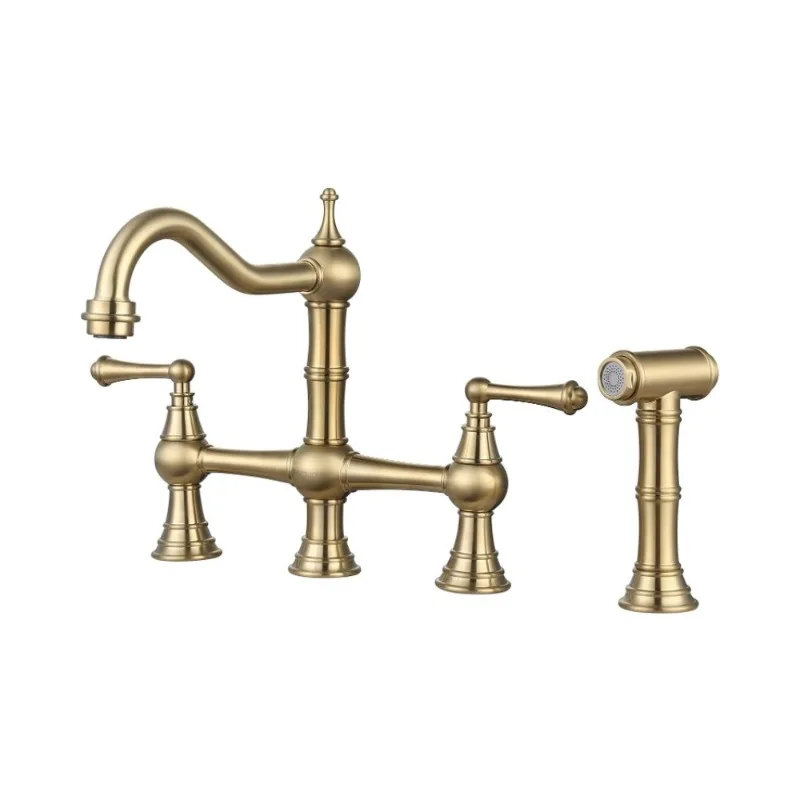 Brass Kitchen Faucet Bridge with Side Sprayer, 4 Hole Kitchen Faucet 2 Handle 8 Inch Centerset Gold Faucet for Kitchen Sinks