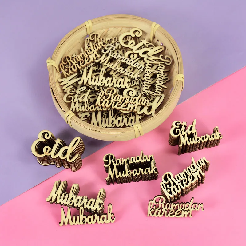 30Pcs Wooden Letter Eid Mubarak/Ramadan Kareem Wood Slices DIY Muslim Islamic Party Supplies Eid Al Adha Table Scatter Confetti