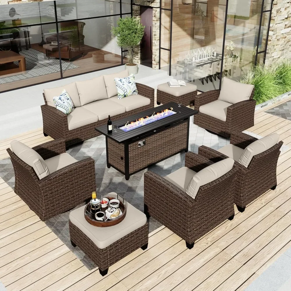 

Patio Furniture Set with 56" Fire Pit Table, Swivel Rocker Chairs with Ottoman, Outdoor Wicker Conversation Set for Lawn Garden