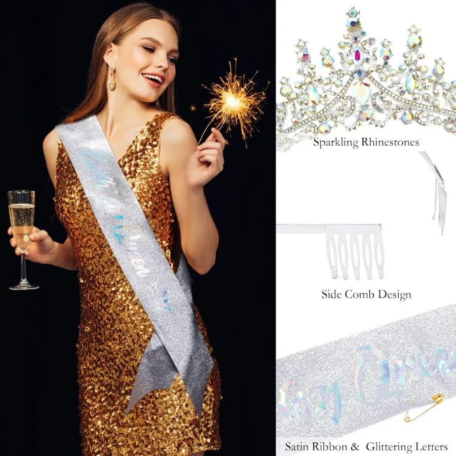 Barocke Strass-Geburtstagsköniginnen-Schärpe mit Krone, Tiara und Stirnband, Geburtstags-Schärpe mit Anstecknadel, Happy Birthday Party Dekoration – Detail 39