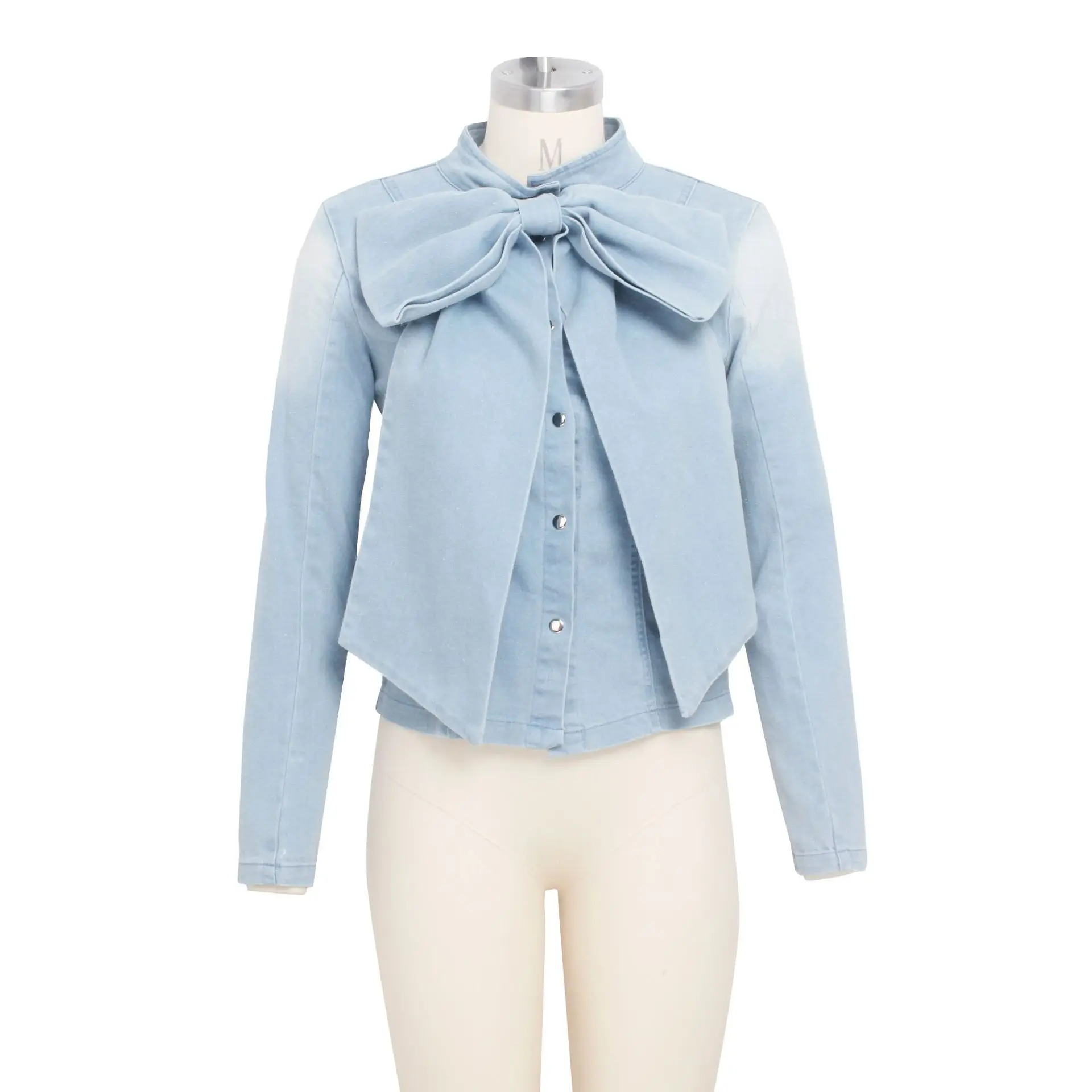 

Women Bow Appliques Denim Shirt French Fashion Elegant Retro Single-Breasted Shirts Spring New Splicing Female Commute Blouse