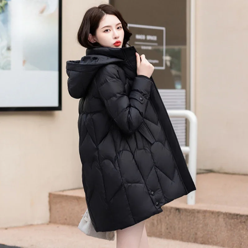 Women's Mid-length Hooded Puffer Jacket, Thick Warm Coats, Casual Outerwear, Korean Fashion, Commuting, Warm