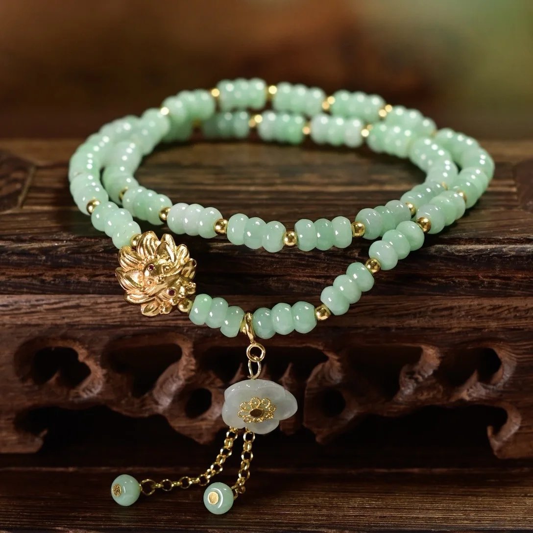 Natural Grade A Fruit‑Green Jadeite Double‑Loop Bracelet,Jadeite Flower Tassel Pendant,925 Gold‑Plated Nine‑Tailed Fox