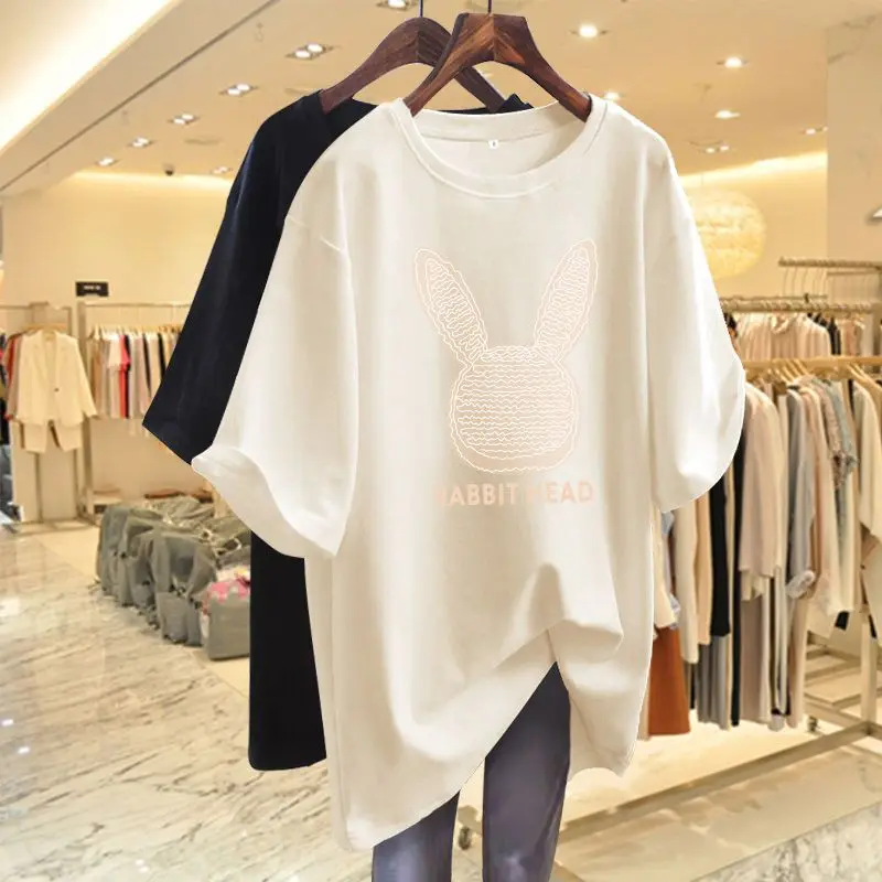 Pure Cotton Round Neck Dark Green Pullover T-shirt for Women Summer Letter Rabbit Head Pattern Printed Half Sleeve Midi Tops
