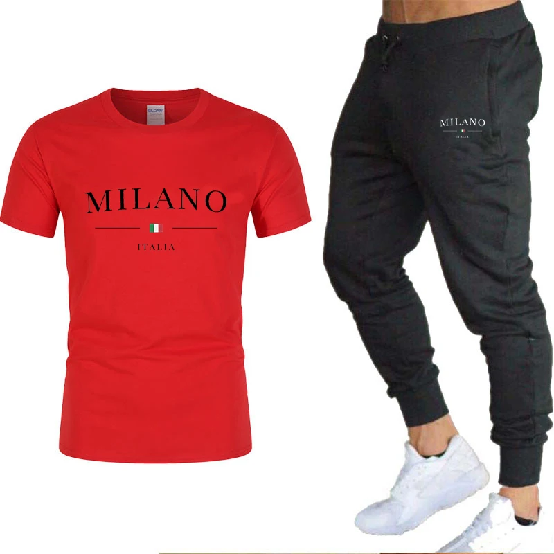 2023 Men\'s Milano Letters Print T-shirt Pant Set Short Sleeved Tees+Sweatpants Suit Pure Cotton Soft Tops Trousers Streetwear