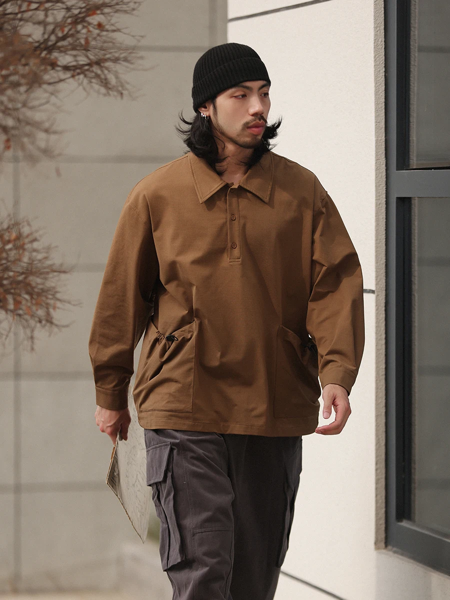 

Японская коричневая рубашка-поло Noears в стиле ретро с пуговицами, длинным рукавом, для осени и зимы, повседневная верхняя одежда для поездок на работу