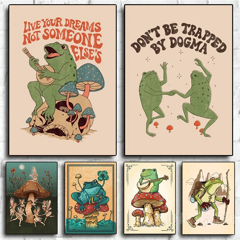 Pósteres divertidos de baile Cottagecore, rana y seta, pinturas en lienzo modernas, arte de pared de animales bonitos Retro para decoración del hogar y la sala de estar
