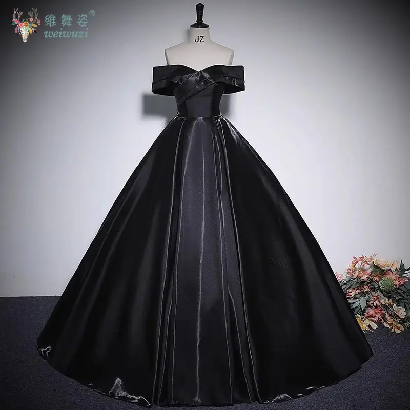 

Elegent Satin Black Off Shoulder Evening Party Gown Formal Occasion Socialite Birthday Perfermance Dress Custom Princess Retro