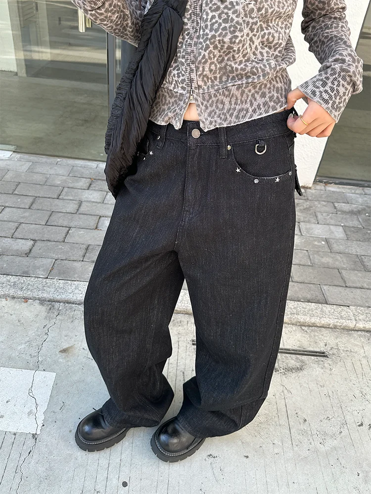 

Retro American Large Size Jeans Women's Street Straight Loose Slimming Wide Leg Long Pants Rivet Design Washed down Casual Jeans