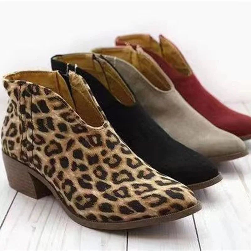 New Women\'s Shoes 2024 New Winter High Quality Women\'s Fashion Boots Round Toe Leopard Print Color Suede Short Boots for Women