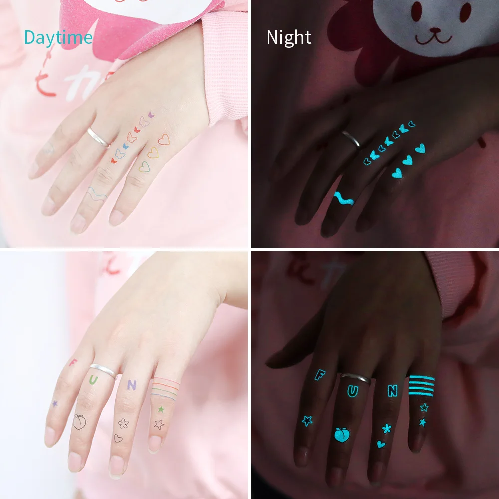 Glow-in-Dark Tattoo Stickers 12PCS - UV Reactive Body Art for Night Parties (Stars/Hearts/Smileys) | Waterproof & Hypoallergenic view 3