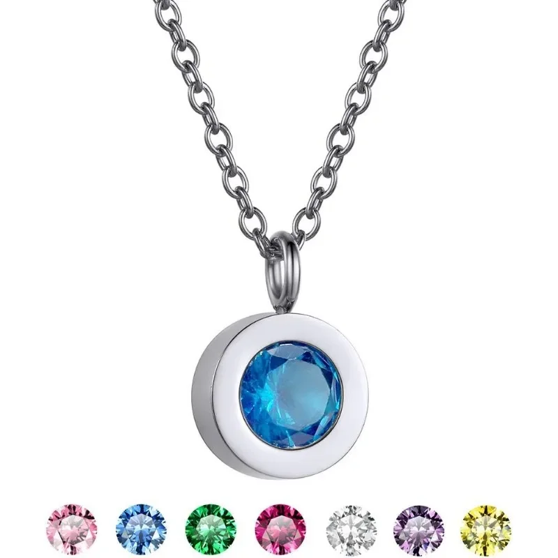 Stainless Steel Birthstone Necklace for Women Men Cubic Zirconia Sparkly Round  Necklace Accessaries Birthday Party Gifts