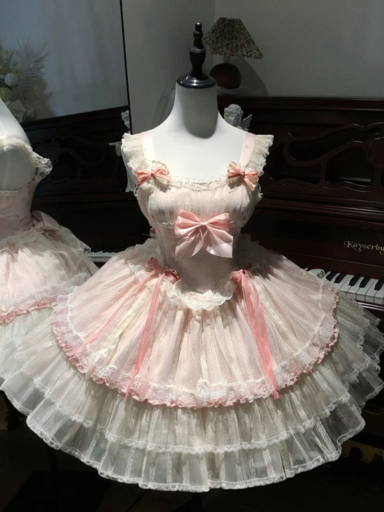

Kawaii Y2k Cosplay Outfits Vintage Dresses Evening Party Casual Sweet Japanese Lolita Sleeveless Strap Dress Women Bow Adorned