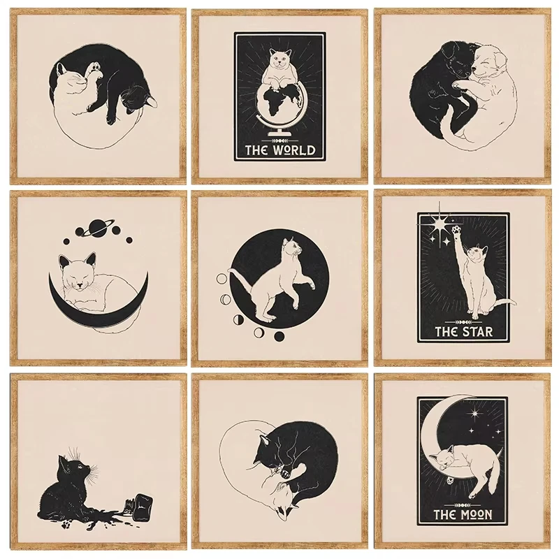 Affiche vintage style linogravure Yin et Yang chats, astrologie mystique, toile céleste, art mural bohème, décoration intérieure