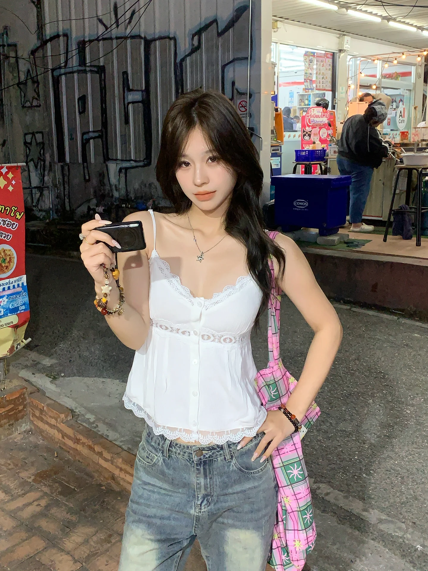 

Adan Lace Patchwork Tank Top Spring Summer Korean Sle Sweet Slimming Versatile Commute Svel Inner ort irt Women