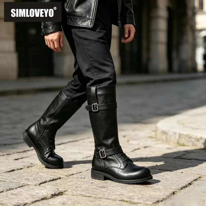 SIMLOVEYO Black Women Riding Boots Round Toe 4cm Thick Heel Slip On Belt Buckle Plus Size 46 47 48 49 50 Leisure Knee High Botas