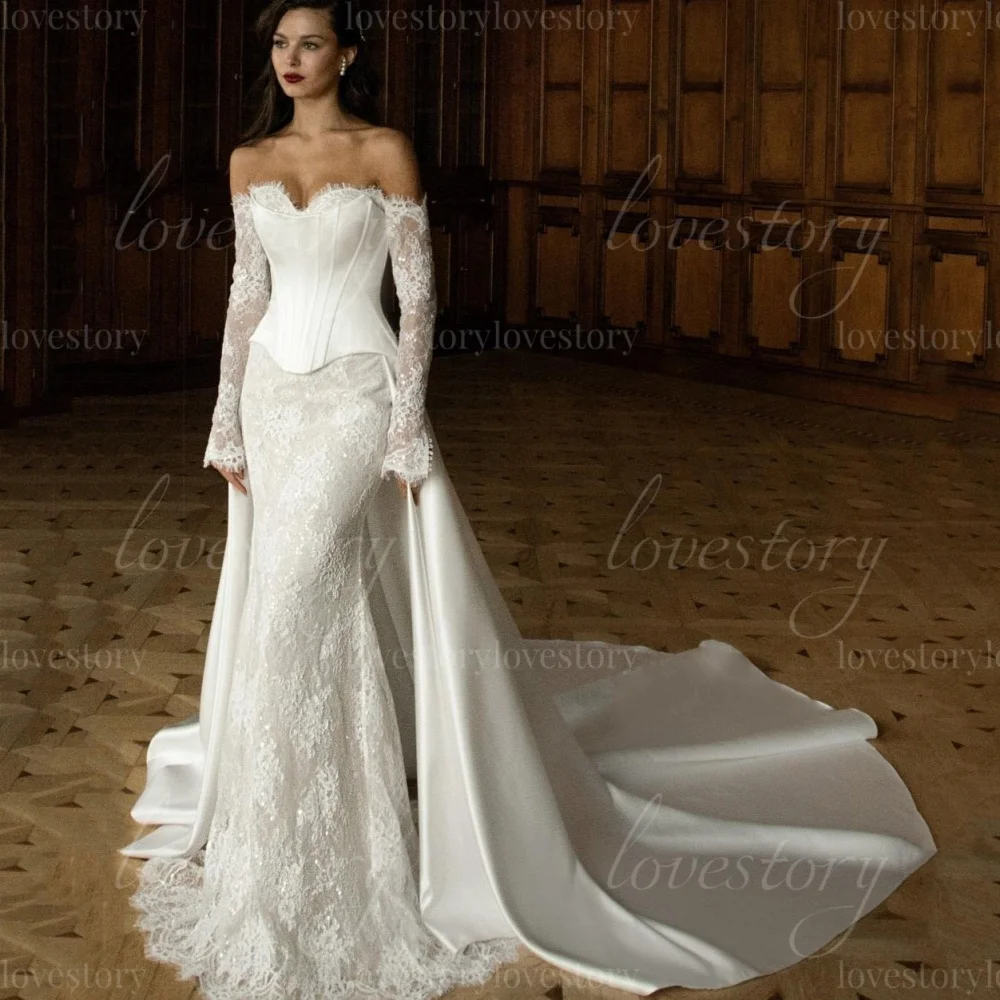 Angepasst Spitze Meerjungfrau Luxus Brautkleider Brautkleider Off Schulter Abnehmbare Zug Braut Roben Klassische vestido de novia