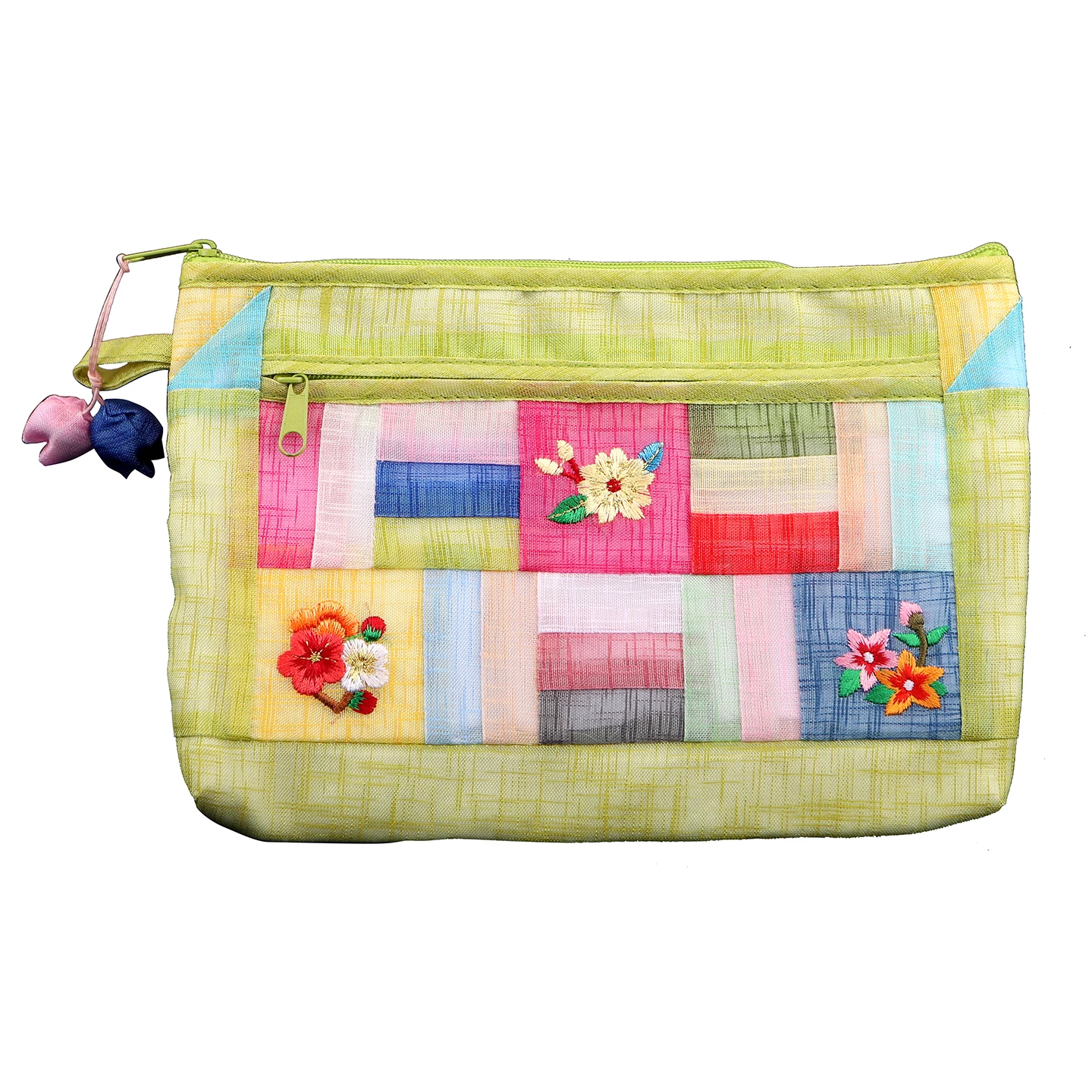 Elegant Embroidered Portable Travel Makeup Bag Multi-Layer Zipper Storage Pouch for Women Floral Pattern Cotton Fabric Bag