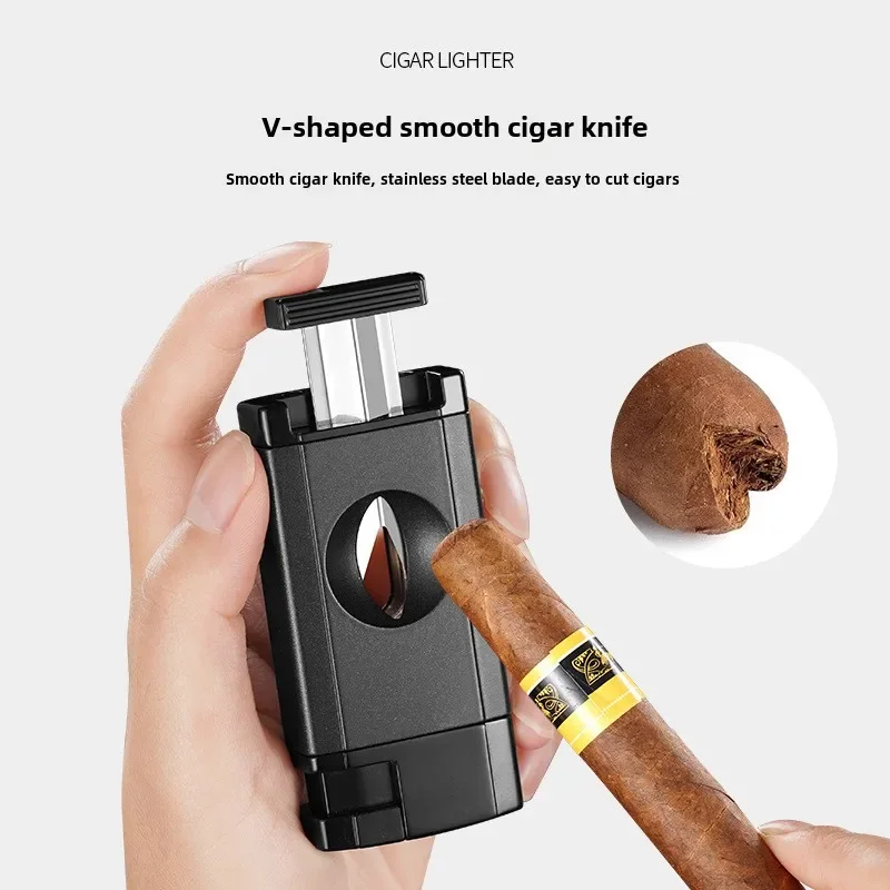 2025 New Deluxe Cigar Lighter with V Shape Knife Cigar Holder Dual Nozzle Flame Butane Refillable Torch Lighter Smoker Gift