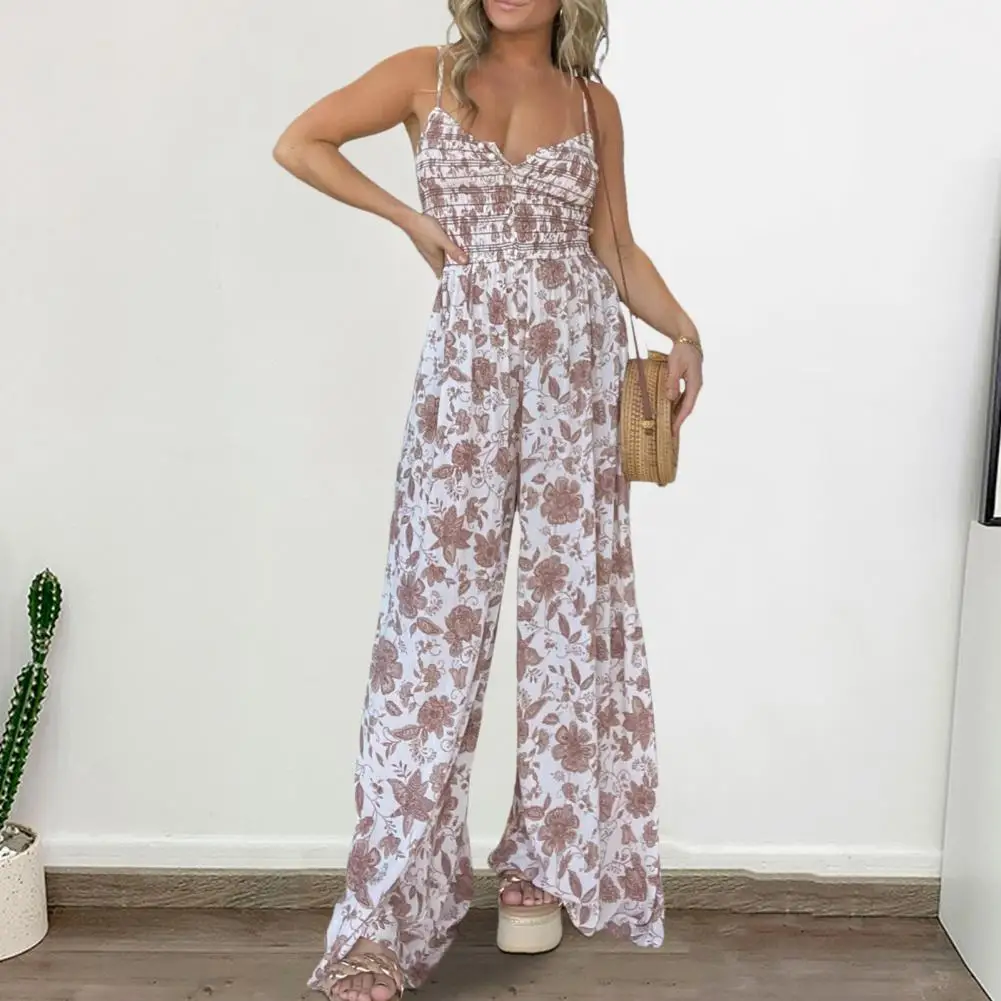 

Long Beach Jumpsuit Floral Print V Neck Jumpsuit for Women Wide Leg Summer Romper with Elastic Waist Spaghetti for Vacation