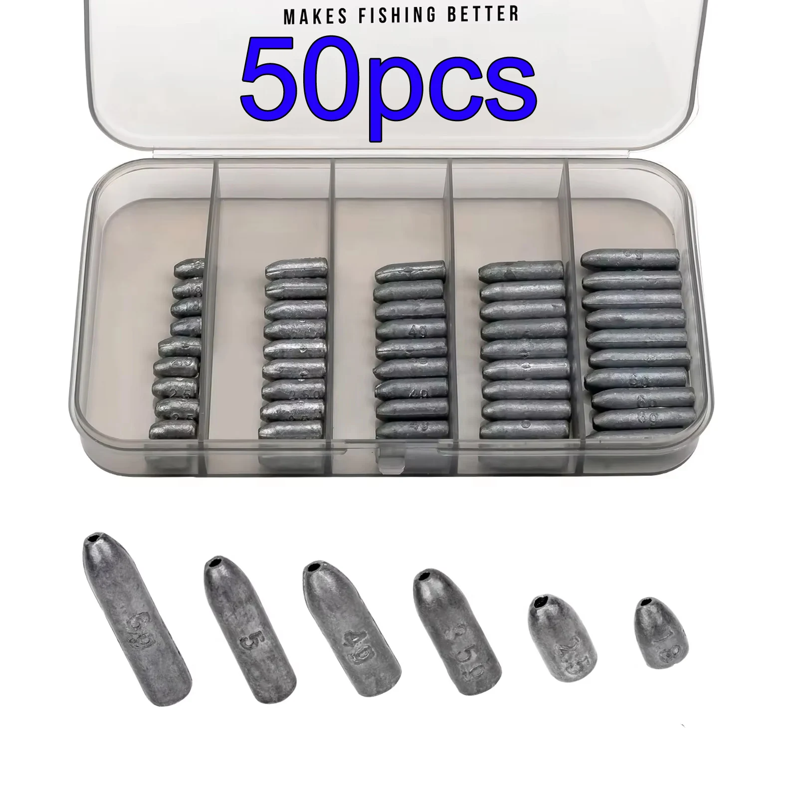 

50pcs 1.8g 2.5g 3.5g 4g 5g 6g Lead Sinkers Kit For Texas Rigs Carolina Rig Bullet Leads Weight Sinker For Bass Pike Carp Fishing