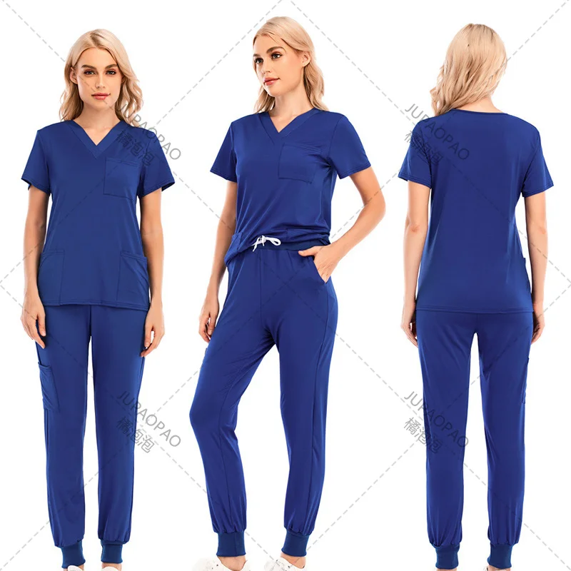 New Women Nursing Uniform V-neck Short Sleeve Pocket Working Wear Solid Light Breathable Tops Pants Soft Workwear Suit