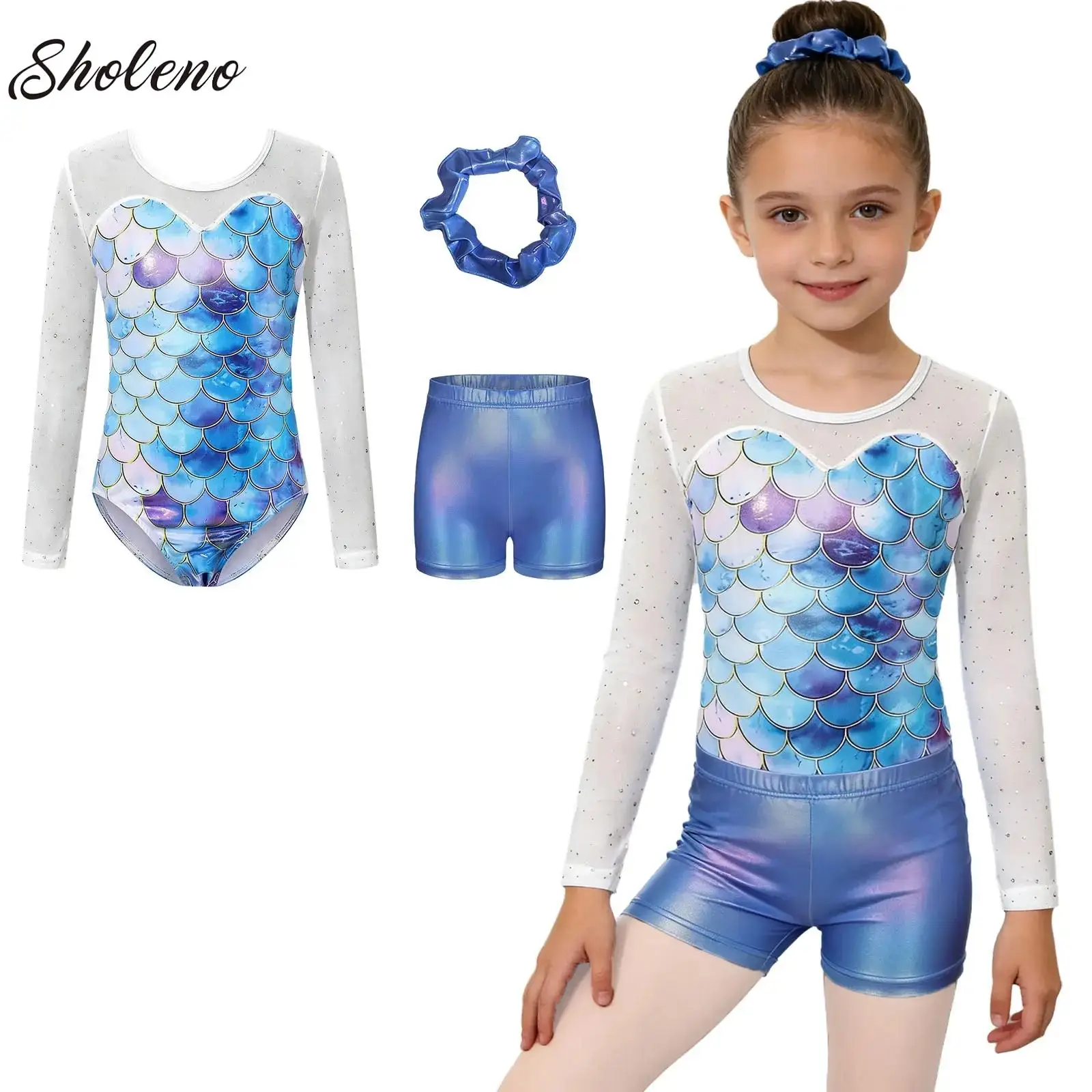 Kids Girls 3-piece Gymnastics Ballet Dance Outfit Sequins Long Sleeves Mesh Fish Scale Printed Leotard with Shorts and Hairband
