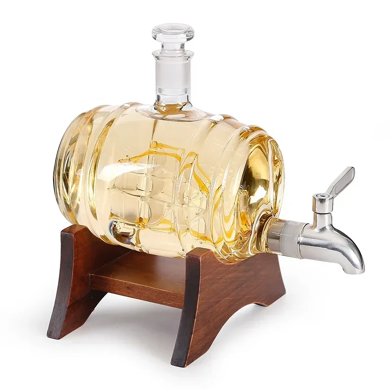 Antique Hand-Blown Barrel Glass Wine Bottle 850ml/1000ml with Wooden Frame Unique Vintage Style Beverage Container