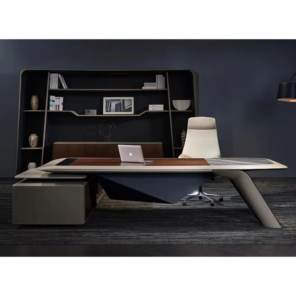 Modern Wooden Leather Computer Desk Furniture Manager L Shaped Executive Office Desk Boss Ceo Luxury Office Desk and Chair
