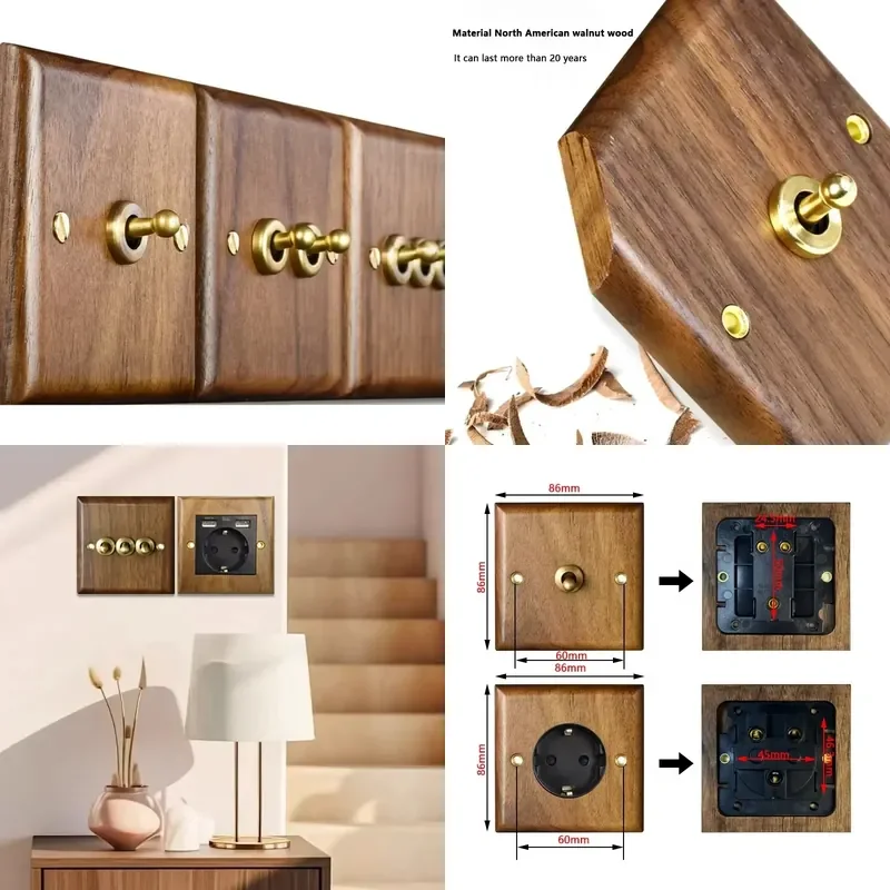 for  Standard Retro Solid Wood Toggle Switch and Socket Electrical Socket Speed Switch Universal Antique Lamp Wall Switch