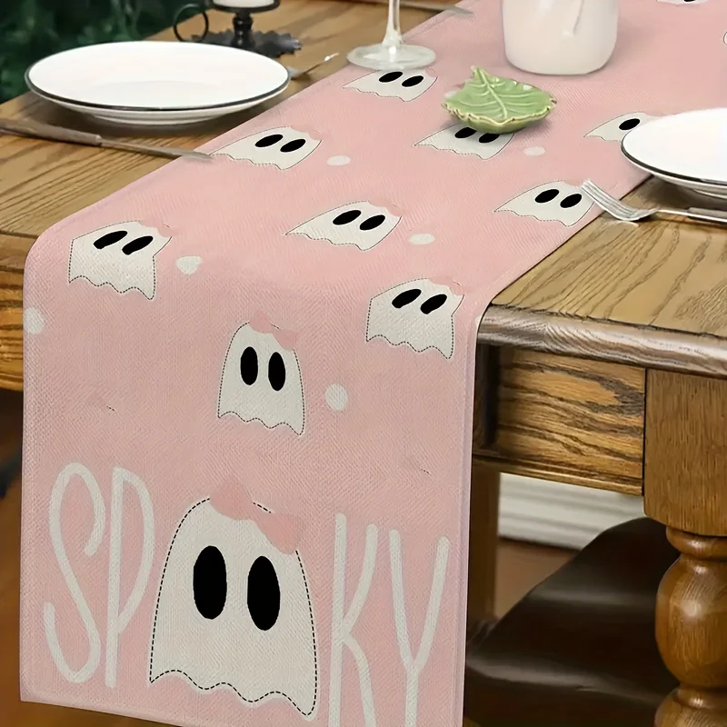 1pc Halloween Table Runner Cute Ghost Bat Text Pink Floral pattern Suitable for Halloween Indoor Outdoor Dining Table Decoration