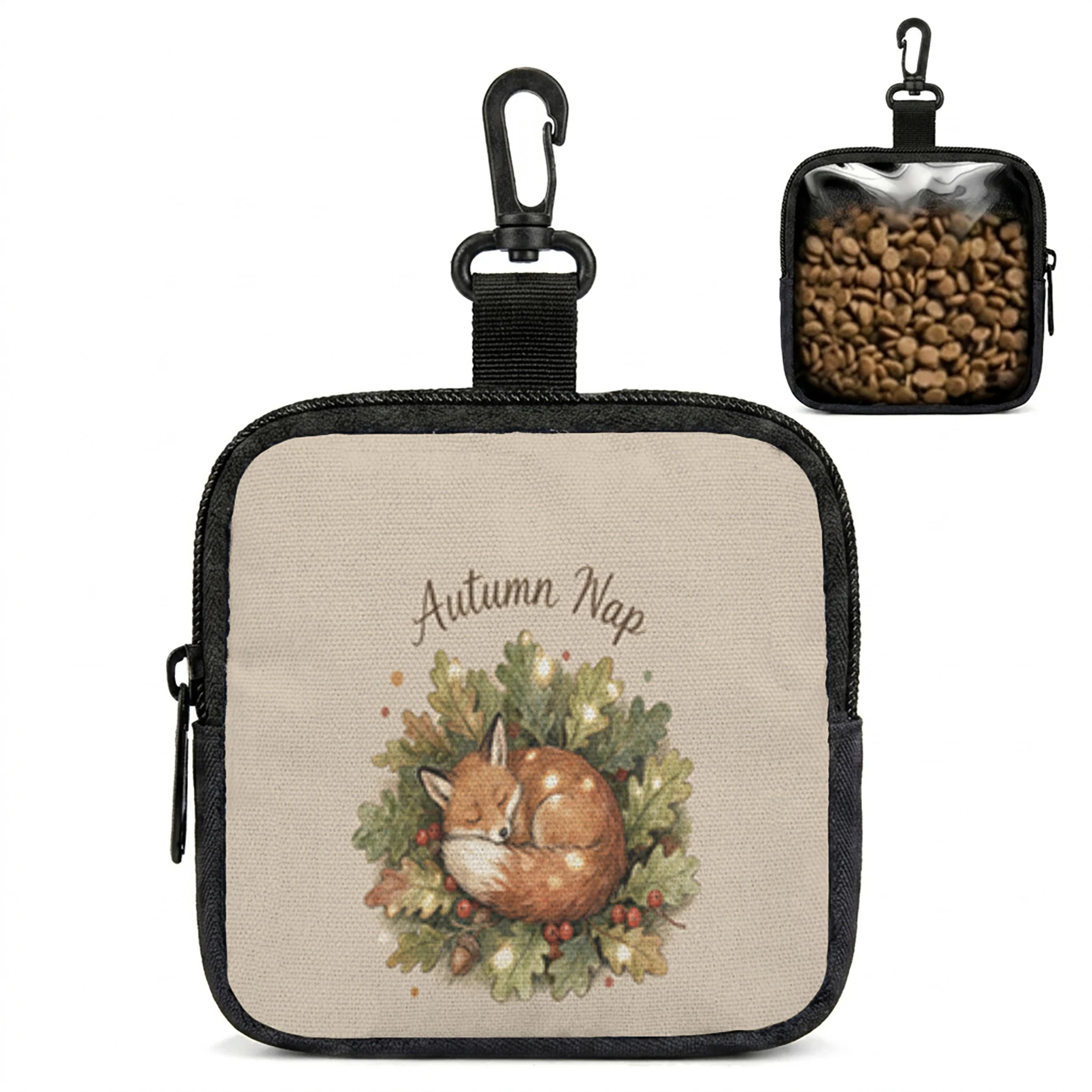 Autumn Nap Sleeping Fox Print Mini Zipper Pouch With Carabiner, Portable Small Storage Bag For Earphone Coin Pet Treats