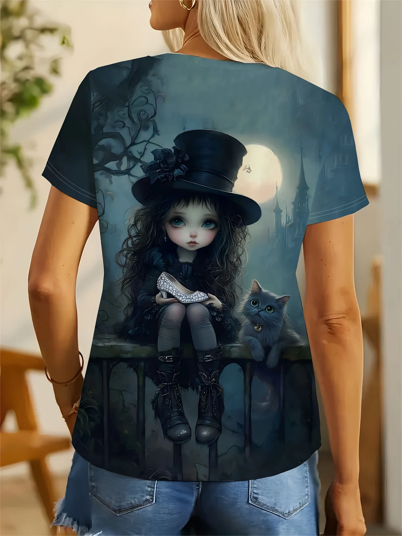 Dark Teal Women's Tee - Gothic Doll & Cat Graphic, Enchanted Moonlit Print Design for Casual Daily Wear
