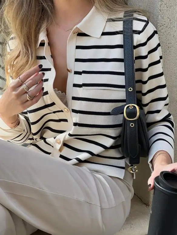 

Autumn Collar Striped Slim Fit Shirt Sweater for Women with Elegant Design, Classic and Versatile Knitted Striped Shirt Sweater