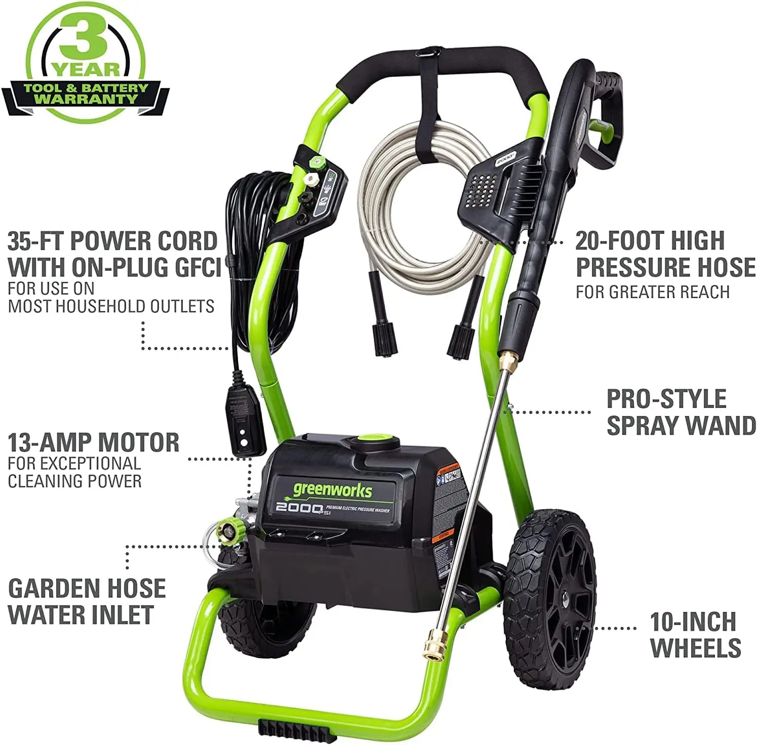 2000 PSI (13 Amp) Electric Pressure Washer (Wheels For Transport / 20 FT Hose / 35 FT Power Cord) Great For Cars, Fences, Patios