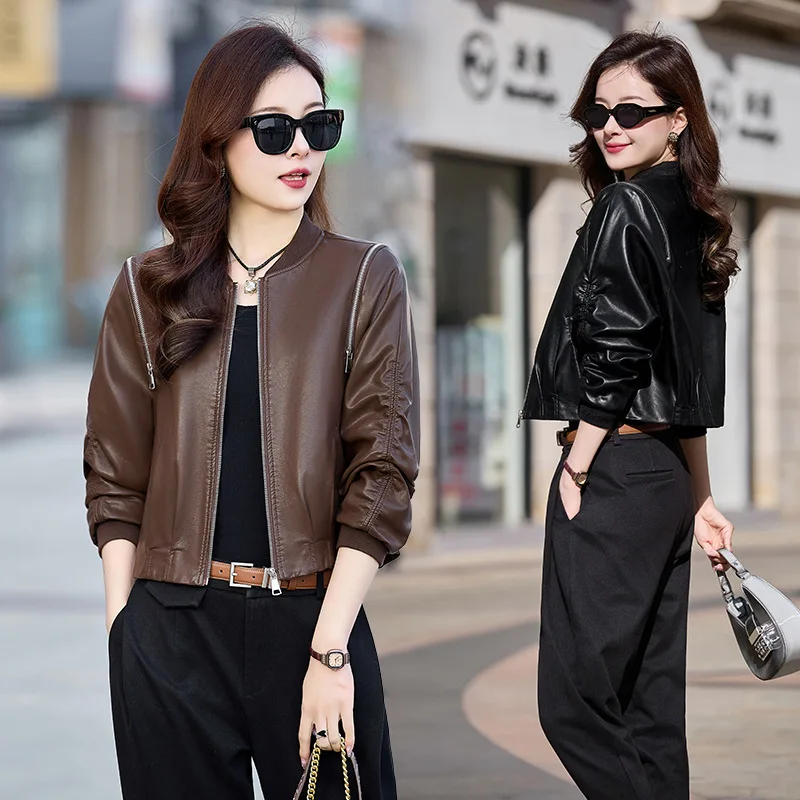 

Small leather jacket women's short jacket 2024 Spring and Autumn New loose and stylish slimming sheep leather jacket baseball